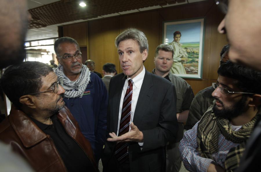 Then U.S. envoy Chris Stevens speaks to local media in Benghazi, Libya on April 11, 2011. Stevens was killed in an attack on the U.S. Consolate in Benghazi on Sept. 12. Photo by Ben Curtis/ Associated Press