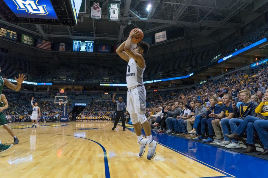 Markus Howard pulls up for a three-pointer on his record-breaking evening.