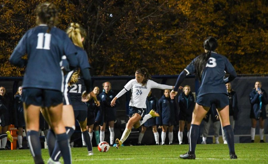 Senior midfielder Katrina Wetherell takes a shot on net in Marquette women's soccer's 1-1 draw to No. 24 Xavier Oct. 27. 