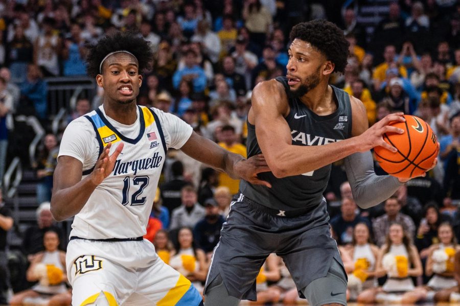 Olivier-Maxence Prosper defends Jerome Hunter in Marquette's 69-68 win over Xavier Feb. 15 at Fiserv Forum.