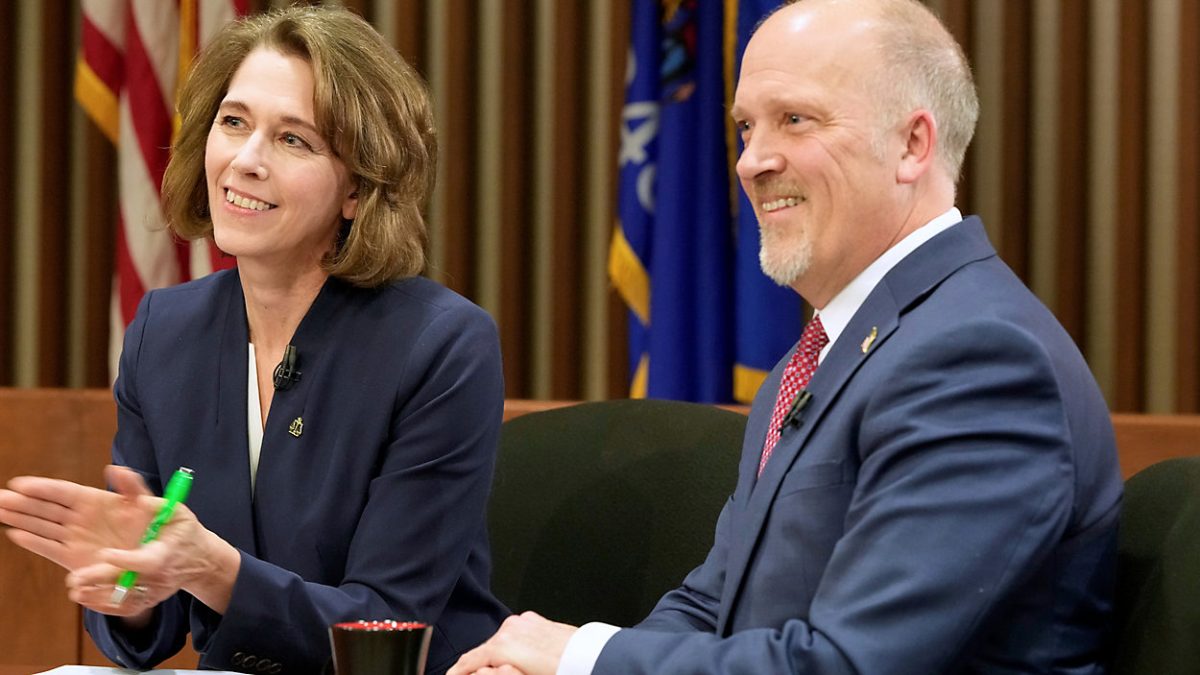 Wisconsin Supreme Court candidates Brad Schimel and Susan Crawford are seen before a debate Wednesday, March 12, 2025, in Milwaukee. (AP Photo/Morry Gash)